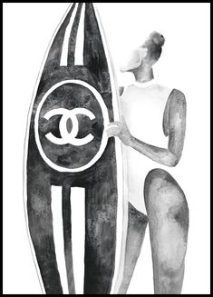 a drawing of a person holding a surfboard in front of their face with the word chanel on it