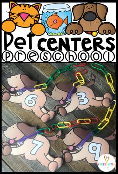 two dogs and three cats on a wooden floor with the words pet centers preschool written below