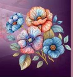 an artistic painting of blue and pink flowers