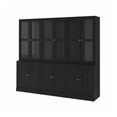 a black bookcase with glass doors on the top and bottom shelves, in front of a white background