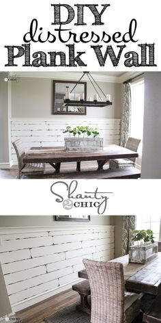 the plank wall in this dining room has been painted white and is being used as a table