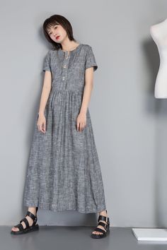 "FEATURES Linen cotton blend 50% linen, 50% cotton No lining Short sleeve Right side zipper Two side pockets Ankle length Perfect for summer,spring Wash only in cold water and do not expose to direct sunlight. ★★ The model's height approx 168 cm (5′ 6″) with the 84 cm (33\") bust, 66 cm (26\") waist. She is wearing a gray dress in size XS. * More color select from No.1 photo https://etsy.me/3orWcZ6 ★★ Please select custom order according to the follow situation Your height is not between 155 cm Linen Shift A-line Dress, Linen A-line Shift Dress, Short Sleeve Linen Maxi Dress For Daywear, Linen Shift Dress With A-line Shape, A-line Linen Dress With Buttons, Shift A-line Linen Dress, Casual Gray Buttoned Dress, Casual Gray Dresses With Buttons, Casual Gray Dress With Buttons