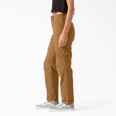 Women's Cuffed Utility Pants - Dickies US, Brown Duck Fall Utility Cotton Work Pants, Fall Utility Work Pants In Cotton, Cotton Utility Work Pants For Fall, Mid-rise Relaxed Fit Cargo Pants For Fall, Everyday Cotton Cargo Jeans With Belt Loops, Fall Cargo Pants For Everyday Use, Mid-rise Cotton Cargo Work Pants, Mid-rise Brown Bottoms For Everyday, Fall Season Cotton Cargo Jeans With Tapered Leg