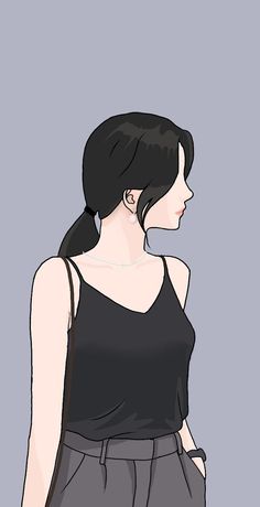 a drawing of a woman in black shirt and grey shorts with her hand on her hip