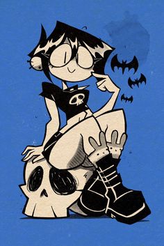 an image of a cartoon character sitting on top of a human skull with bats coming out of its mouth