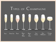 different types of champagne in glasses on a gray background with the words types of champagne