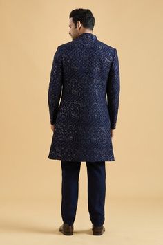 Navy blue sherwani featuring floral thread embroidery all over highlighted with sequin. Paired with a solid kurta and a pant. - Aza Fashions Navy Blue Sherwani, Floral Thread Embroidery, Collar Kurta, Blue Sherwani, Silk Kurta, Thread Embroidery, Embroidered Silk, Pocket Square, Aza Fashion