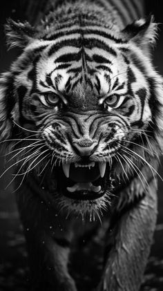 a black and white photo of a tiger with its mouth open