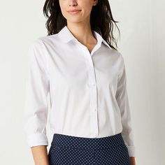 Made from a soft stretch-cotton poplin with Liz Claiborne's Everair technology to keep you cool and dry, this women's button-down shirt is a comfortable style choice for work or a day out with friends. This long-sleeve shirt is cut for a regular-fit, with wrinkle-free properties, and has a classic point collar, button cuffs, and a curved hem for easy layering.Features: Wrinkle Resistant, Stretch FabricClosure Type: ButtonFit: Loose FitNeckline: Collar NeckSleeve Length: Long SleeveSleeve Style: Cuffed SleeveApparel Length: 23.5 InchesFiber Content: 60% Cotton, 40% ElastaneFabric Description: PoplinCollar: Button Down CollarCare: Machine WashCountry of Origin: Imported Classic Stretch Workwear Shirt, Classic Stretch Shirt With Button Closure, Classic Stretch Dress Shirt For Workwear, Stretch Cotton Blouse With Button Closure, Wrinkle-resistant Button-up Office Shirt, Wrinkle-resistant Office Button-up Shirt, Classic Stretch Shirt For Office Wear, Business Casual Wrinkle-resistant Button-up Tops, Casual Wrinkle-resistant Work Shirt