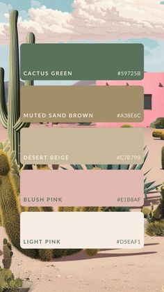 the color scheme for cactus green is shown in different shades and sizes, including pinks,