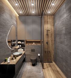 a modern bathroom is shown with wood accents