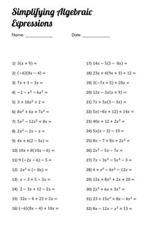 the printable worksheet for simplifying algebraic expressions is shown