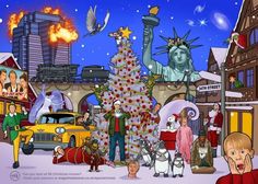 an animated christmas scene with the statue of liberty in the background and people around it