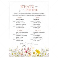 Whats In Your Phone Wildflower Birthday Party Game by LittleSizzle Whats On Your Phone Game, Whats On Your Phone, 50th Birthday Party Ideas, 50th Birthday Games, Games For Women, Wildflower Birthday Party, 50th Birthday Party Games, Wildflower Birthday, Netflix App