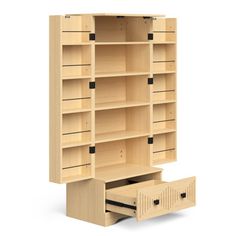 an open bookcase with drawers on each side