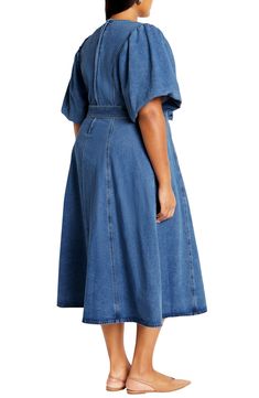 Elevate your office-casual look in this denim midi designed with a belted waist and airy flutter sleeves. 47" length Hidden back-zip closure V-neck Short sleeves Removable belt Unlined 100% cotton Machine wash, line dry Imported Belted Midi Denim Dress For Work, Belted Denim Dress For Summer Workwear, Belted Midi Denim Dress In Medium Wash, Short Sleeve Belted Denim Workwear Dress, Belted Medium Wash Dress For Work, Chic Belted Knee-length Denim Dress, Chic Knee-length Belted Denim Dress, Belted Denim Dress With Short Sleeves For Work, Spring Short Sleeve Belted Denim Dress