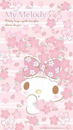 a hello kitty wallpaper with pink flowers and bows on it's head,