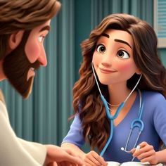 a cartoon character with a stethoscope is talking to a woman