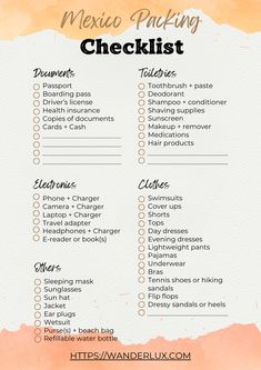 the mexico packing checklist is shown on a watercolor background with orange and pink colors