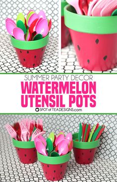 watermelon utensil pots made out of paper plates and spoons are sitting on a table