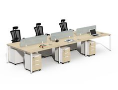 an office desk with four chairs and a laptop computer on top of it, in front of a white background