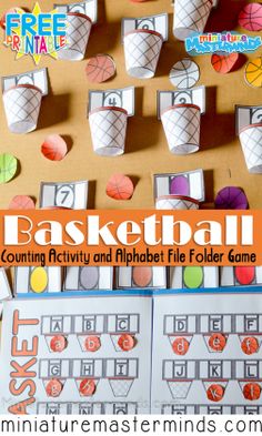 basketball counting activity and alphabet file folder game with free printables on the table