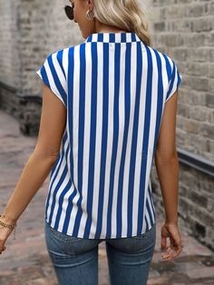 Blue and White Casual Collar Cap Sleeve Woven Fabric Striped Top Embellished Non-Stretch  Women Clothing Blue Collared Blouse For Vacation, Blue Collared Blouse For The Beach, Blue Collared Tops For Summer, Striped Collared Blouse For Beach, Striped Collared Blouse For The Beach, Fitted Collared Blouse For Beach, Blue Summer Tops With Collar, Spring Collar Blouse For Beach, Spring Beach Blouse With Collar