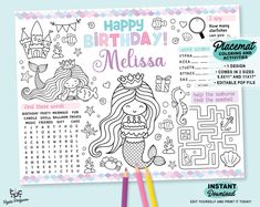 a birthday coloring page with mermaids and other things to color on the page, including pencil