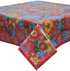 an image of a table cloth with colorful flowers on it and red trim around the edges