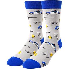 a pair of blue and white socks with cartoon characters on them, one has a police car