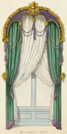 a drawing of a window with green curtains and gold trim