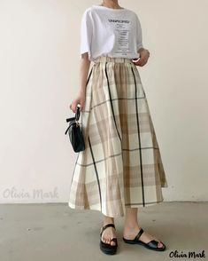 OliviaMark - Chic Pleated Checkered Midi Skirt featuring a Flattering A-line Flare White A-line Skirt For Fall, Casual A-line Bottoms For Day Out, Spring Casual A-line Bottoms, Cotton A-line Bottoms For Day Out, Casual Beige A-line Bottoms, Casual A-line Workwear Bottoms, Casual A-line Relaxed Skirt, Casual Beige Full Skirt Bottoms, Casual A-line Flowy Skirt