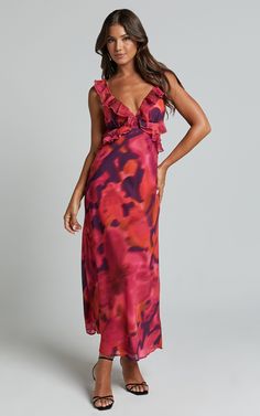 Alessa Midi Dress - V Neck Frill Detail Empire Waist Back Cut Out Dress in ADEANA PRINT Flirty V-neck Midi Dress For Brunch, Floral Print V-neck Maxi Dress For Night Out, Flirty V-neck Midi Dress For Cocktail, Floral Print V-neck Cocktail Dress, Glamorous V-neck Maxi Dress For Beach, Flirty V-neck Maxi Dress For Evening, Floral Print V-neck Midi Dress For Night Out, Elegant Beach Dress With Ruffled Straps, Elegant Beach Dresses With Ruffled Straps