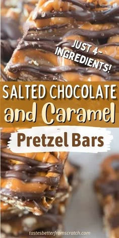 salted chocolate and caramel pretzel bars stacked on top of each other