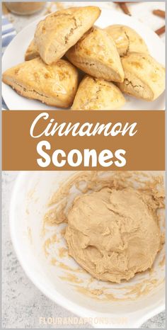 cinnamon scones in a white bowl on top of a table with the words cinnamon scones