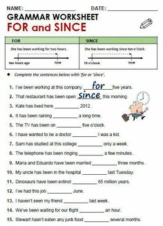 an english worksheet with the words for and since, in front of it