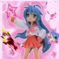 an anime character with long blue hair and pink dress holding her hand up in the air