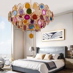 a bedroom with a large bed and a chandelier hanging from the ceiling