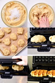 four pictures showing how to make peanut butter waffles in an electric griddle