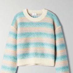 Brand New Furry Cropped Sweater By Wilfred From Aritzia. Soft To The Touch, Pastel Vibes With Its Soft Purple And Peach Hues Next To Turquoise. 50% Mohair, 18% Wool, Remaining Nylon. Pink Version Shown Only For Fit. Purple And Peach, Aritzia Sweater, Aritzia Wilfred, Soft Purple, Blue Cream, Cropped Sweater, Sweaters For Women, Pastel, Turquoise