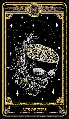 the ace of cups playing card is shown in gold and black, with an ornate design on