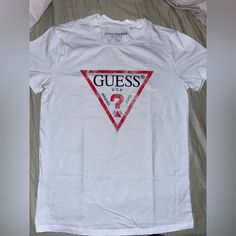 Woman’s White Guess Shirt With Original “Old School” Logo. Purchased At Nordstrom Nwot-No Smells, Holes Or Stains Casual Red Tops With Logo, White Fitted Logo Top, White Fitted Top With Logo, Fitted White Top With Logo, Basic White Tops With Logo, Basic White Logo Tops, Guess Shirt, School Logo, Guess By Marciano