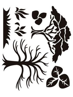 the silhouettes of trees and leaves are shown in black on a white background,