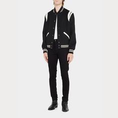 Saint Laurent "Teddy" wool-blend bomber jacket. Ribbed collar, cuffs, and hem. Baseball collar; snap front. Long sleeves. Front slash pockets. Virgin wool/nylon. Made in Italy. Bergdorf Goodman, Varsity Jacket, Wool Blend, Saint Laurent, Bomber Jacket, Tops Designs, In Italy, Long Sleeves, Baseball