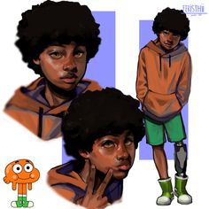 two different pictures of a person with an afro haircut and green shorts, one is holding his hand up to his face