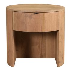 a round wooden table with two drawers on one side and an open drawer on the other