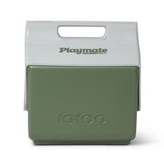 a green and white plastic box with the word playmate on it's side