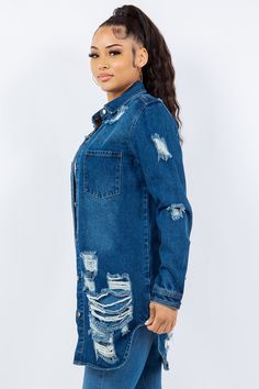 American Bazi Torn Distressed Hole Oversized Shacket Cotton Denim Jean Jacket Keeping it casual for everyday wear, this fierce cotton jacket thats versatile and effortlessly perfect for a denim on denim ensemble.Classic additions like a standard collar neckline, long sleeves, button front closure and functional open chest pockets all add chic simplicity.Features distressed torn holes strategically placed on the front and back that creates a trendy worn-in bohemian vintage vibe.Rocking a oversize Long Denim Shirt, Denim Shirt Jacket, Long Sleeve Denim Jacket, Long Sleeve Denim Shirt, Rugged Style, Double Denim, Button Up Long Sleeve, Outfit Look, Cooler Weather