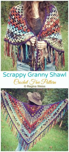 the crochet granny shawl pattern is shown in two different colors and sizes