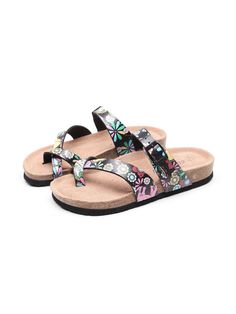 Black Floral Flat T-strap Sandals With Buckle Closure, Casual Toe Ring Sandals With Buckle For Vacation, Adjustable Flat T-strap Sandals With Buckle Closure, Summer T-strap Sandals With Adjustable Cork-bed Midsoles, Spring Beach Toe Ring Sandals With Strap, Casual Toe Ring Sandals With Buckle Closure, Casual Toe Ring Sandals With Adjustable Strap, Summer T-strap Toe Post Sandals With Cork-bed Midsoles, Spring Toe Ring Sandals With Buckle Closure